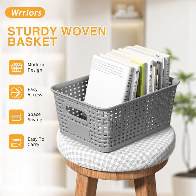 Gray Plastic Storage Baskets - Pack of 8 with Labels Stackable Durable Storage Bins, Storage Containers for Organizing Desks, Closets, Playrooms, Classrooms, Offices