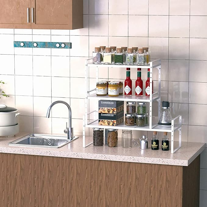 Expandable Kitchen Cabinet Shelf Organizers 3 Pack, Stackable Metal Pantry Storage Shelves Rack, Adjustable Counter Shelf for Cabinets, Countertop, Cupboard Organizers and Storage, White-NeatNest