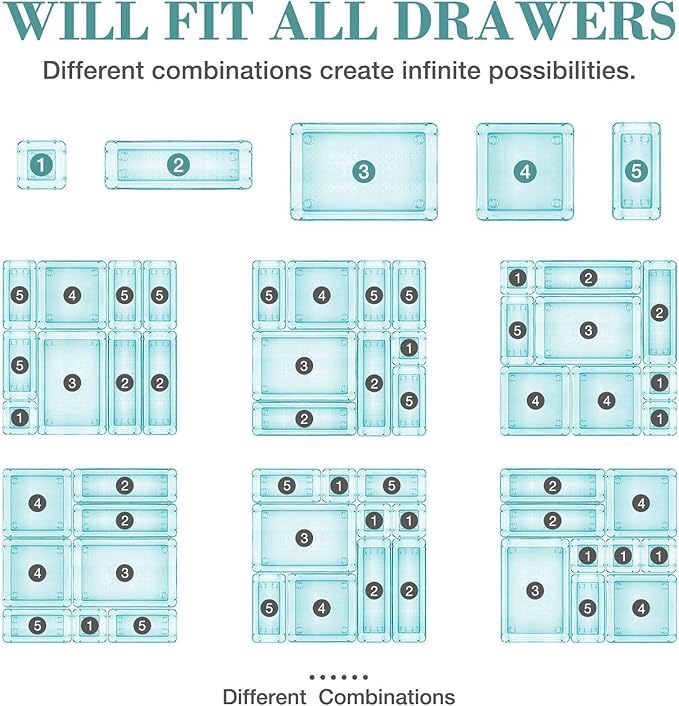 10 PCS Drawer Organizer Set, 4 Varied Size Bathroom and kitchen Drawer cabinet organizer Trays, Clear Storage Bins for Makeup, Jewelry, Utensils and Gadgets-NeatNest