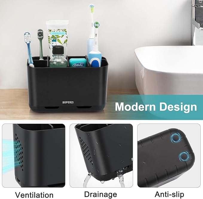Boperzi Toothbrush Holders for Bathrooms Organizers and Storage, Large Tooth Brush Holders with Drainage, Anti-Slip Electric Toothbrush and Toothpaste Holders Caddy for Shower Kids Family, Black-NeatNest