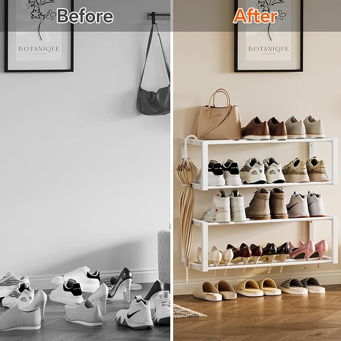 Homeiju Hanging Shoe Organizer,2 Pack Wall Mounted Shoe Rack Holds 12 Pairs,Space Saving Metal Wall Shoe Rack,Hanging Shoe Rack Shoe Holder for Small Space,Entryway,Closet,RV,Camper (White-NeatNest