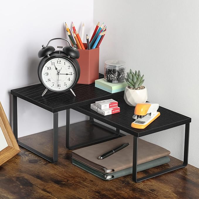 CADUKE Set of 4 Kitchen Counter Shelves Stackable Shelf Organizer Wood Countertop Shelf Expandable Cabinet Shelf Organizers Countertop Storage Rack for Pantry, Industrial Black-NeatNest