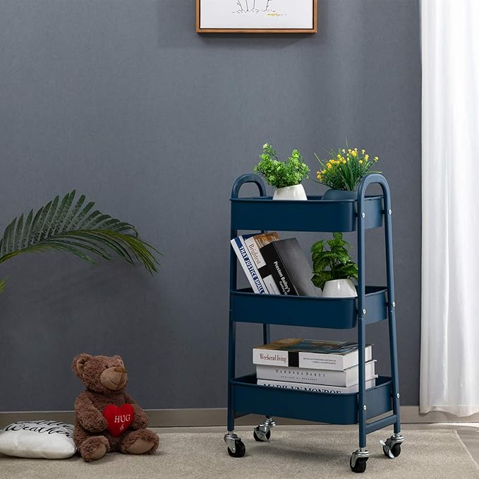 AGTEK Makeup Cart, Movable Rolling Organizer Cart, 3 Tier Metal Utility Cart,Navy Blue-NeatNest