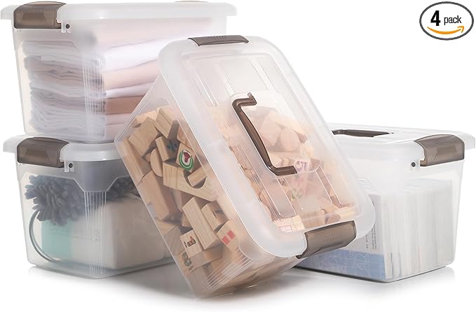 Citylife 4 Packs 8.5 QT Storage Bins with Lids Clear Plastic Bins with Grey Handle Stackable Storage Containers for Organizing-NeatNest
