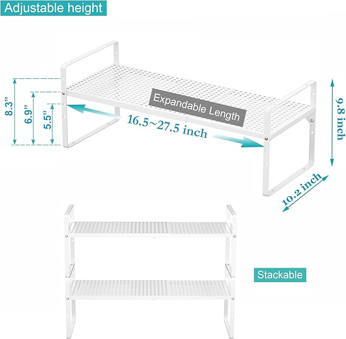 iPEGTOP Large Expandable Cabinet Storage Shelf Organizer Rack, Heavy Duty Stackable Steel Metal Spice Rack Adjustable Height Home Office Pantry Garage Shelf for Counter Kitchen, White - 1 Pack-NeatNest