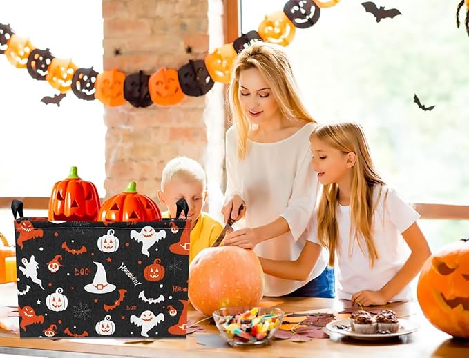 CLOCOR Rectangular Storage Basket,Collapsible Fabric Storage Container,Waterproof Toy Bin with Handles,Gift Basket(Black Halloween)-NeatNest