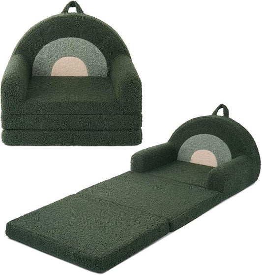 Blissful Diary Foldable Toddler Couch, 2-in-1 Comfy Toddler Chair & Lounger for Reading, Nap, Playroom, Kids Couch Sofa for 1 2 3+ Year Old Girls Boys Birthday Gift, Dark Green Arclet-NeatNest