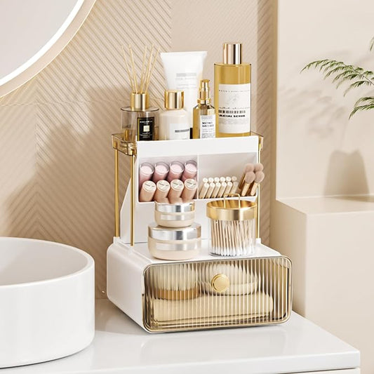 2-Tier Makeup Organizers Countertop,Versatile Bathroom Counter Organizer,Cosmetic Make Up Organizers for Vanity,Cute Skincare Organizer (Amber)-NeatNest