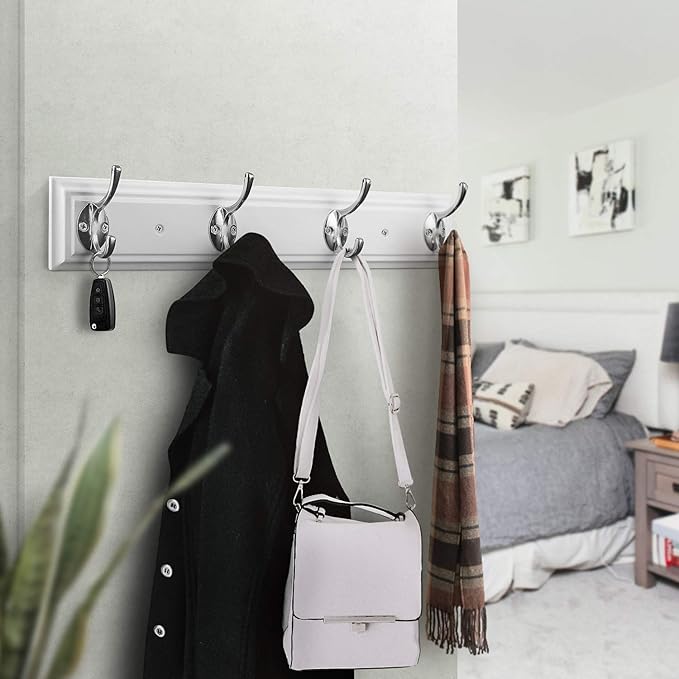 Coat Rack Wall Mounted White, 17" Wooden Modern Wall Coat Hanger with 4 Hooks, Heavy Duty Zinc Alloy Wall Hook Rack for Hanging Coats, Keys, Bags, Great Touch for Bedroom Bathroom Kitchen-NeatNest