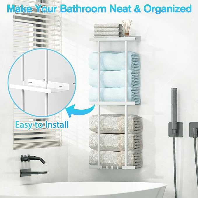 Towel Rack for Bathroom, Wall Mounted Vertical Rolled Towel Storage Organizer Holder with Shelf, Holds Up 6 Large Bath Sheets, White Large Size