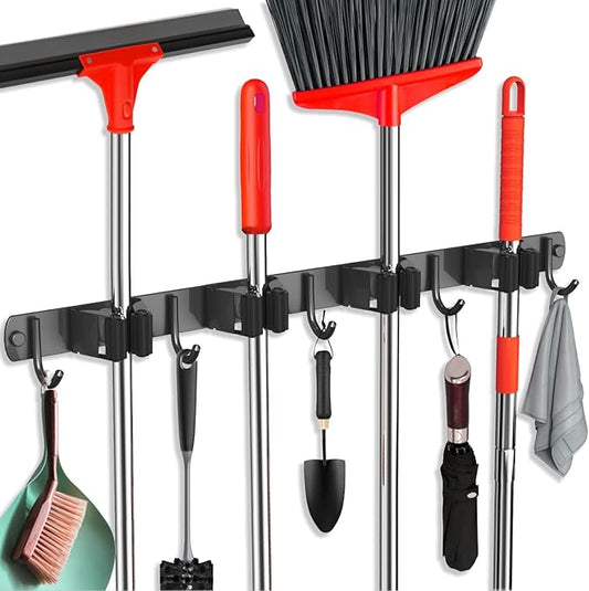 Mop and Broom Holder Wall Mount, Upgraded Broom Hanger Wall Mount, Stainless Steel Broom Organizer for Closet Garage Laundry Room Kitchen Wall Decor(4Racks 5Hooks Black)
