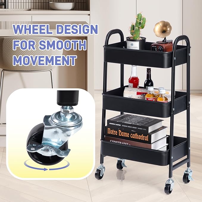 AGTEK 3-Tier Rolling Carts with Wheels, Rolling Utility Cart with Iron Frame for Kitchen, Plastic Shelves, Living Room, Office, Black