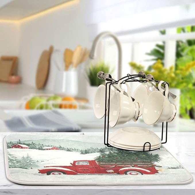 Happy Christmas Tree Dish Drying Mat Microfiber Drying Matt for Dishes Sink Kitchen Counter 18 x 24 Inches