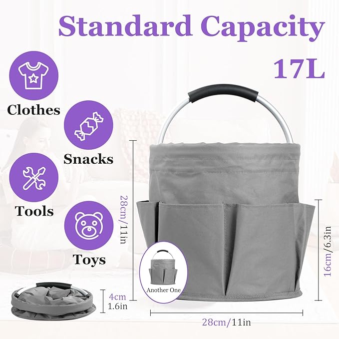 2Pcs Cleaning Caddy with Handle and 6 Pockets, 17L Foldable Cleaning Supply Caddy, Portable Shower Caddy in 600D Oxford Fabric, Multifunctional Storage Basket for Camping, Garden, Dark Gray-NeatNest