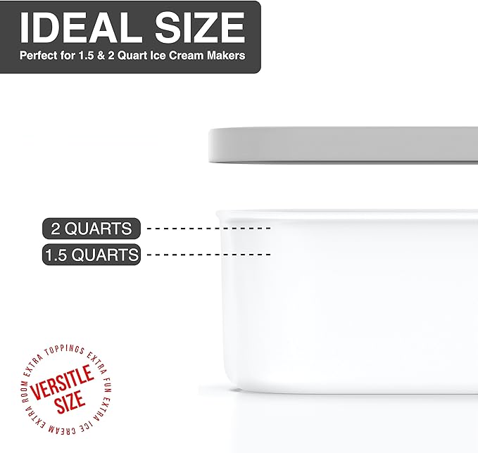 BALCI - Ice Cream Container - 2 Quart - Perfect Reusable Freezer Storage for Homemade Ice Cream Tubs for Sorbet, Frozen Yogurt and Gelato! - Flexible Silicone Lids, Long Scoop, Stackable - Grey
