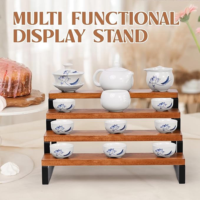 4 Tier Wooden Display Riser Stand Perfume Organizer with Metal Stand, Dessert Table Display Set, Food Display Stands for Party, Brown Rustic Solid Wood Shelf for Cupcakes, Perfume, Cologne, Spiece-NeatNest