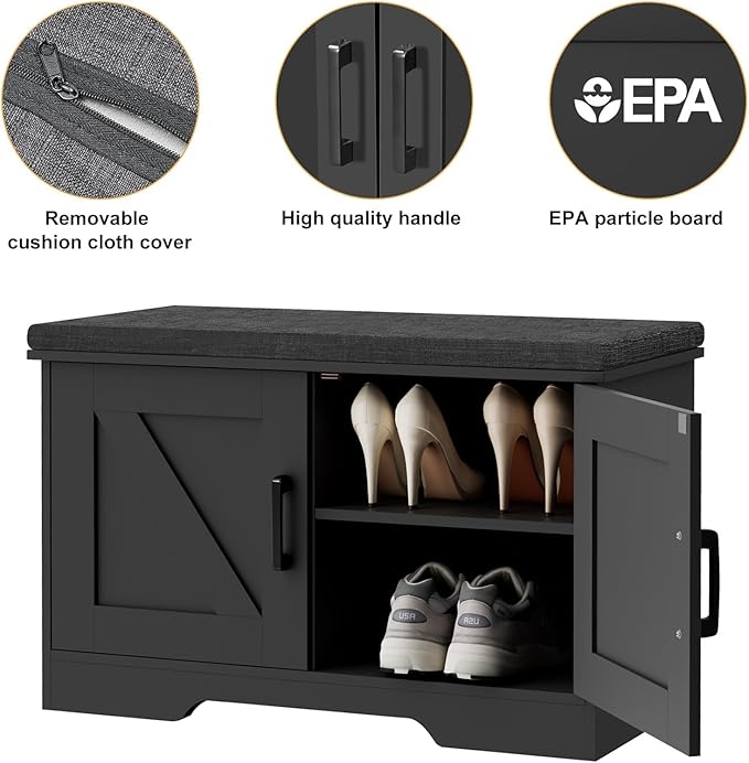 2-Tier Storage Bench, Shoe Bench with Padded Seat Cushion, Entryway Bench with 2 Barn Doors, Adjustable Shelf, 13.8" D x 27.6" W x 17.7" H, for Entryway, Living Room, Bedroom, Black-NeatNest