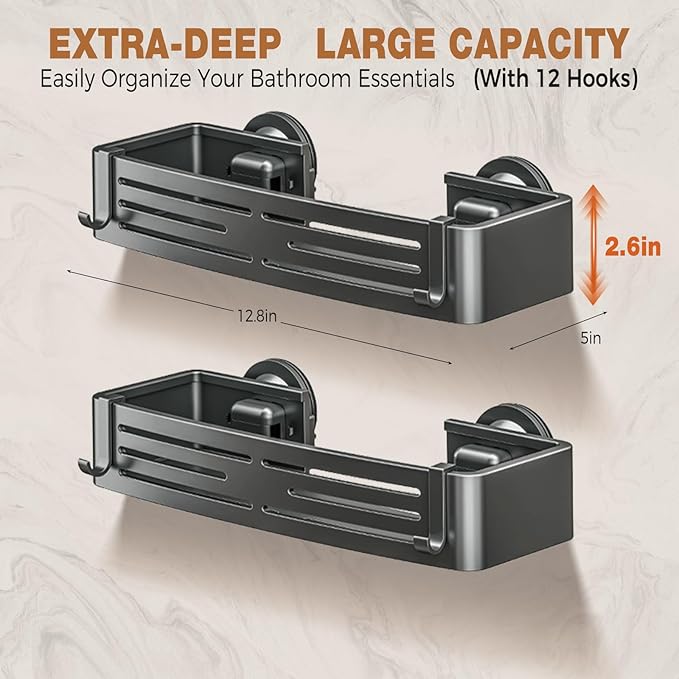 Lekesky Suction Cup Shower Caddy, No Drill Shower Shelf, Aluminum Rust Proof Bathroom Shower Organizer with 12 Hooks (2-Pack, Gunmetal Gray
