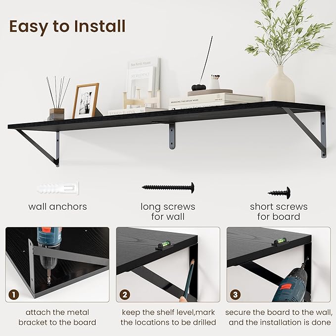 Fun Memories Deep Floating Shelves for Wall, 55W x 8D Wall Mounted Shelves Set of 2, Wide Display Ledge Shelf with Sturdy Metal Brackets for Living Room, Bathroom, Bedroom and Kitchen, Black-NeatNest