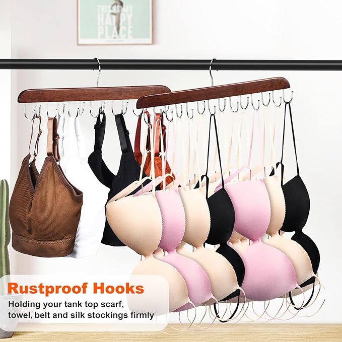 Bra and Tank Top Closet Organizer Hangers, 2-Pack with 14 Hooks, Foldable Wooden Space-Saving Hanger, 360° Rotating Closet Organizer for Bras, Tank Tops, Scarves, and More (Brown)-NeatNest
