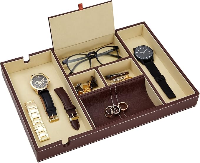 Juvale Leather Valet Catchall Tray for Men with 6 Compartments - Bedside Nightstand Organizer for Phones (Brown) - Valet Tray-NeatNest