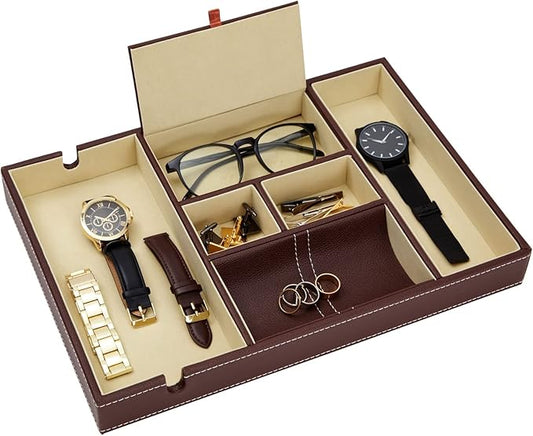 Juvale Leather Valet Catchall Tray for Men with 6 Compartments - Bedside Nightstand Organizer for Phones (Brown) - Valet Tray-NeatNest
