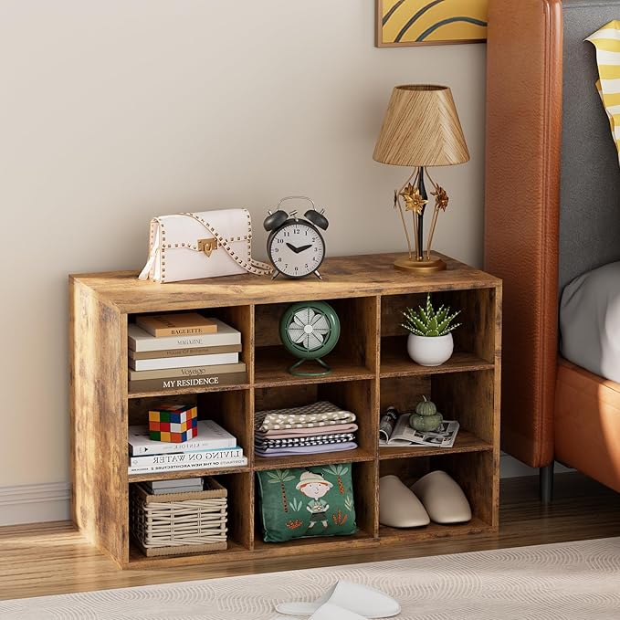 Garden 4 you Shoe Storage Bench, Cubby Shoe Rack with 9 Cubbies, 3-Tier Wood Shoe Rack Organizer, Shoe Organizer Cabinet for Entryway, Hallway, Closet and Garage, Brown-NeatNest
