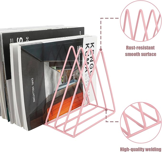 EASEPRES Vinyl Record Holder Storage, 9 Slot Metal Magazine Book Album Display Rack, Stylish Triangle Desktop File Sorter Organizer for Home Office, Pink