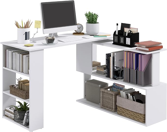 HOMCOM L Shaped Desk, Corner Computer Desk, 360 Degree Rotating Home Office Desk with Storage Shelves, Writing Table Workstation, White-NeatNest