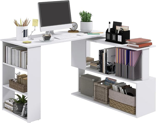 HOMCOM L Shaped Desk, Corner Computer Desk, 360 Degree Rotating Home Office Desk with Storage Shelves, Writing Table Workstation, White-NeatNest