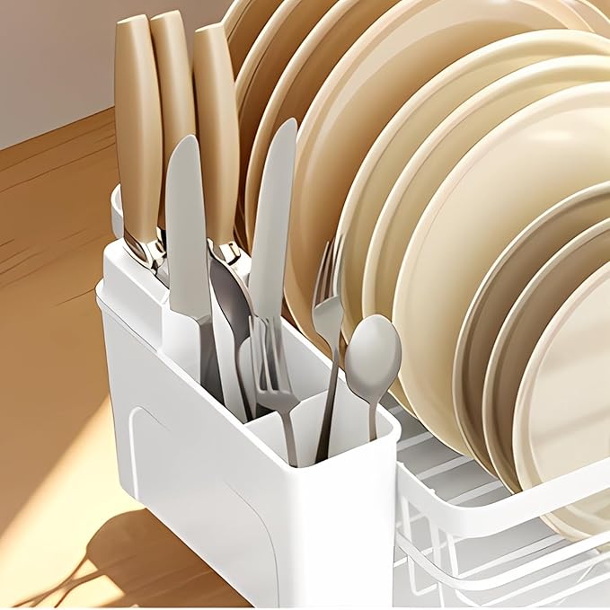 Small Dish Drying Rack, Space Saving Dish Racks for Kitchen Counter, Kitchen Organizer Dish Drainer with Cutlery Holder for Spoons and Forks, 11''W x 15''L, White