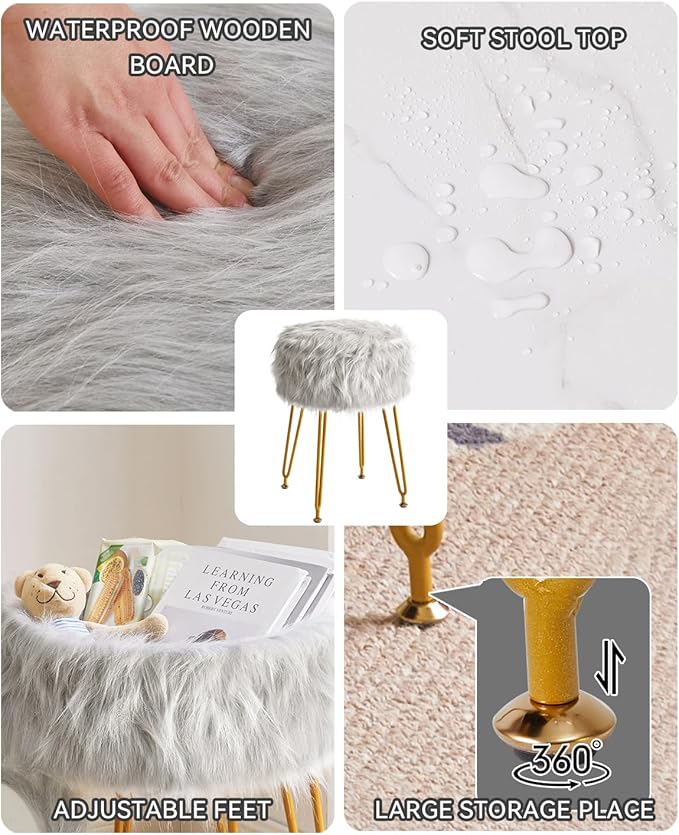 IBUYKE Round Faux Fur Vanity Stool with Storage, Furry Makeup Chair Ottoman, Soft Padded Seat, Round Footrest Footstools with 4 Metal Legs, for Living Room Bedroom Entryway, Gray WBD021G