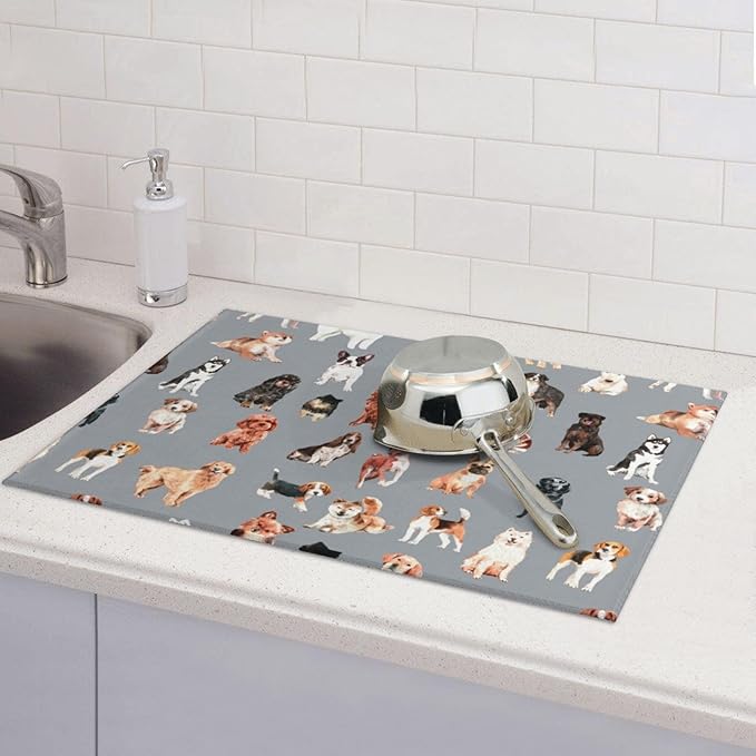 Cute Puppy Dog Dish Drying Mat 18 x 24 Inch for Kitchen Counter Cute Kitchen Mat Microfiber Kitchen Countertop Absorbent Reversible Drainer Rack Pad Dish Drying Mat-NeatNest