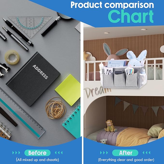 3 Pcs Bedside Caddy Storage Organizer, Bedside Hanging Storage Bag with Pockets and Fixed Straps for Bunk Bed Shelf Dorm Rooms Crib Bed Rails Hospital Beds, Can Be Placed Glasses Books-NeatNest