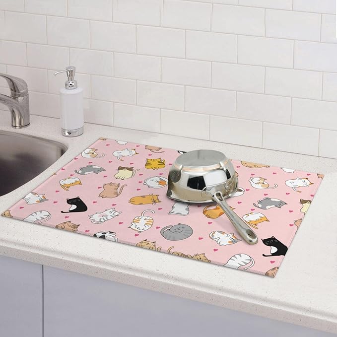 Cute Cat Dish Drying Mat for Kitchen Counter Cute Pink Kitchen Mat Microfiber Kitchen Countertop Absorbent Reversible Drainer Rack Pad Dish Drying Mat 18 x 24 Inch-NeatNest