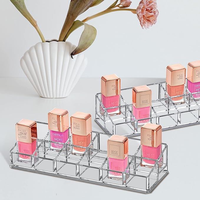 Amazing Abby - Glamour - 2-Pack 12-Slot Acrylic Nail Polish Organizer, Lipstick Holder, Lip Gloss Organizer, Cosmetic Storage Display, Perfect Storage Solution for Drawer, Vanity, Bathroom, and More-NeatNest