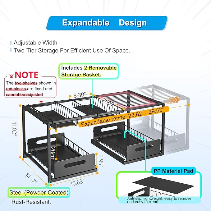 FOXMIND Under Sink Organizer,Double Drawers Large Volume 2 Tier Slide Out Sink Shelf Cabinet Storage Shelves,Adjustable Width(23.6"-29.5"),2 Adjustable Basket,Black-NeatNest