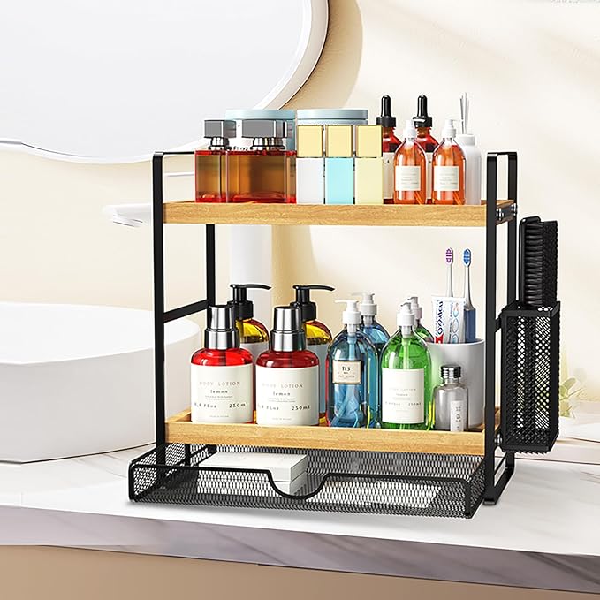 2 Tier Spice Rack Organizer for Countertop with Drawer and Basket, Suitable for Coffee Organizer, Kitchen Counter Storage, Bathroom Storage-NeatNest