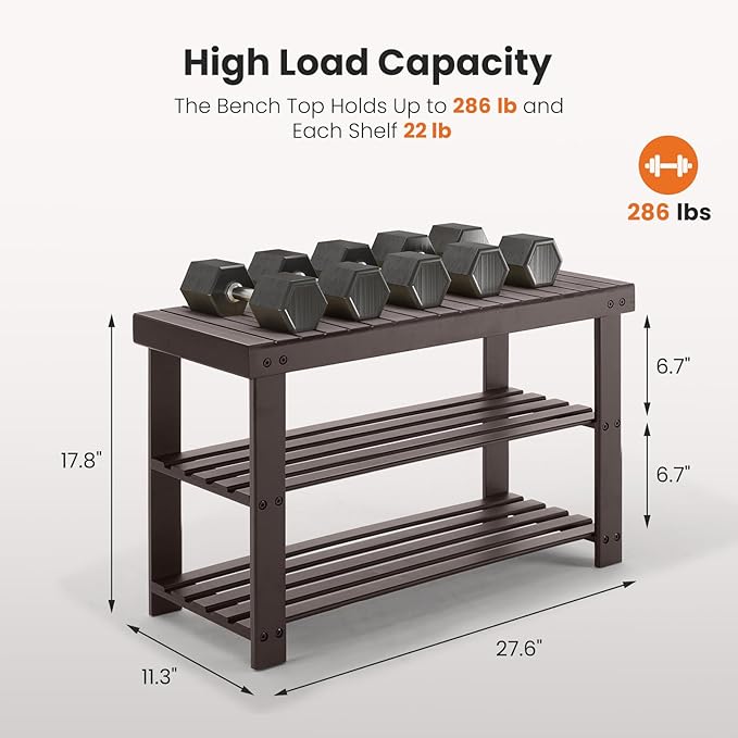 Sweetcrispy 3-Tier Shoe Rack Bench, Bamboo Entryway Storage Organizer, Shoes Stand for FrontDoor Entrance, Bedroom, Living Room, 286lb Capacity, 11.3 x 27.6 x 17.8 Inches, Pitch-Black-NeatNest