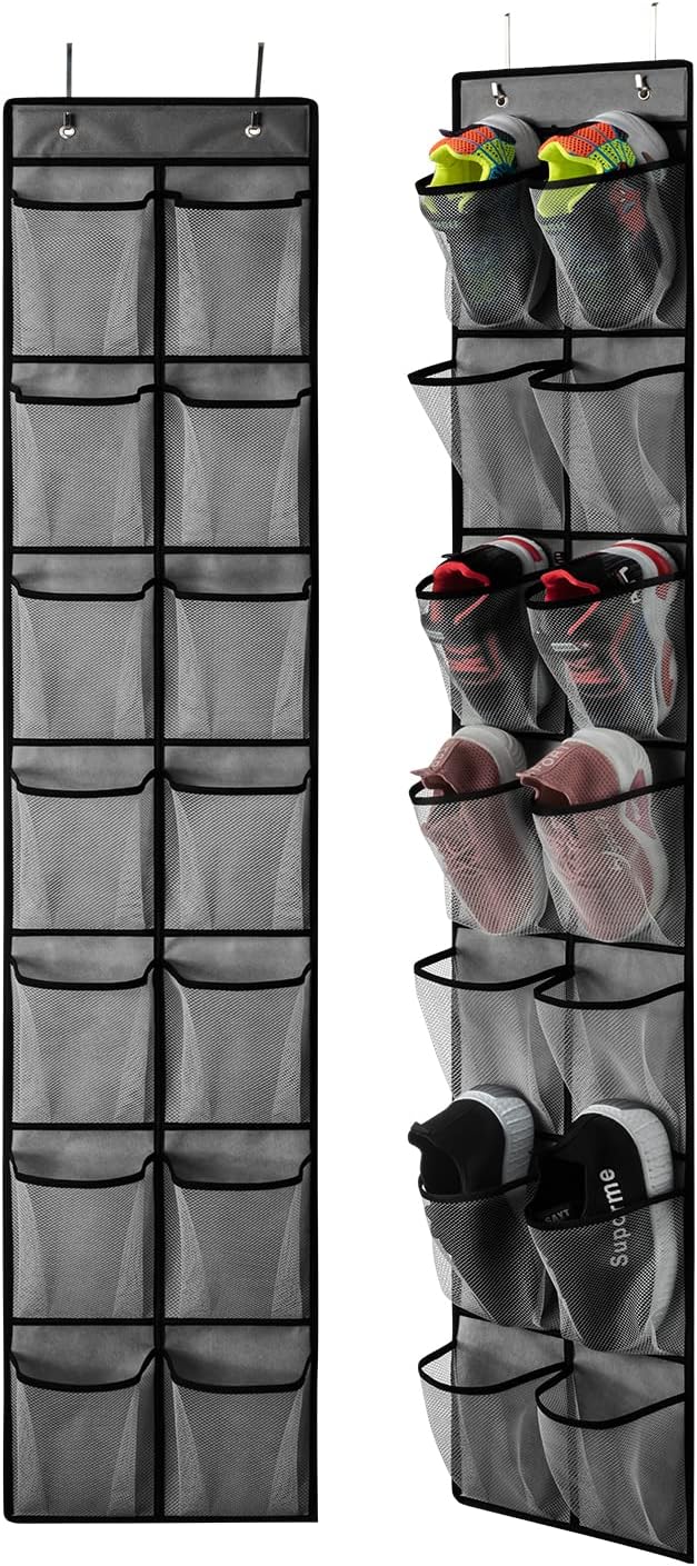 KEEPJOY Over the Door Shoe Organizer, Hanging Shoe Organizer with 4 Hooks,Door Shoe Holder with 14 Mesh Deep Pockets Closet Door Shoe Storage Bag (Grey-2Pack)-NeatNest