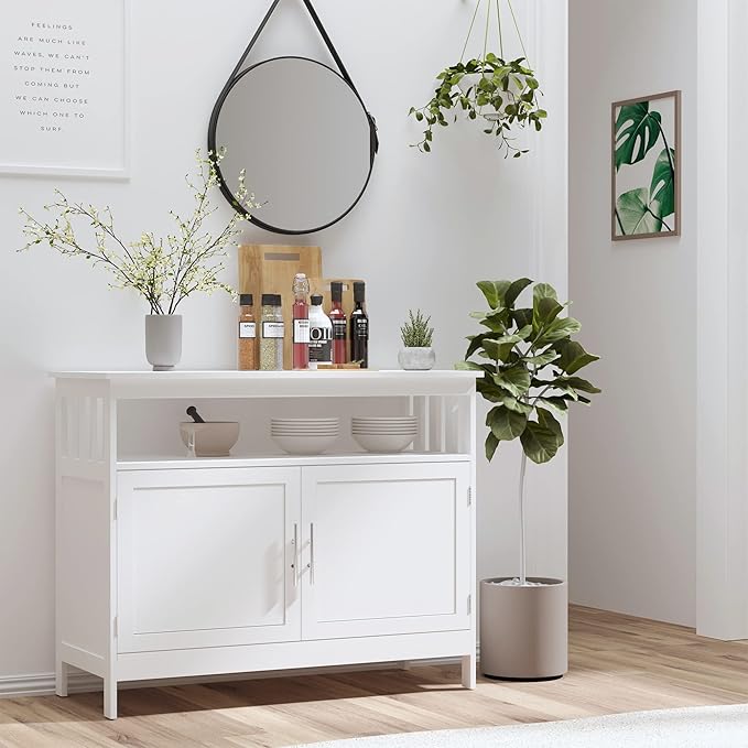 HOMCOM Sideboard Buffet Cabinet, Modern Coffee Bar Cabinet with 2-Level Shelf and Open Compartment, White-NeatNest