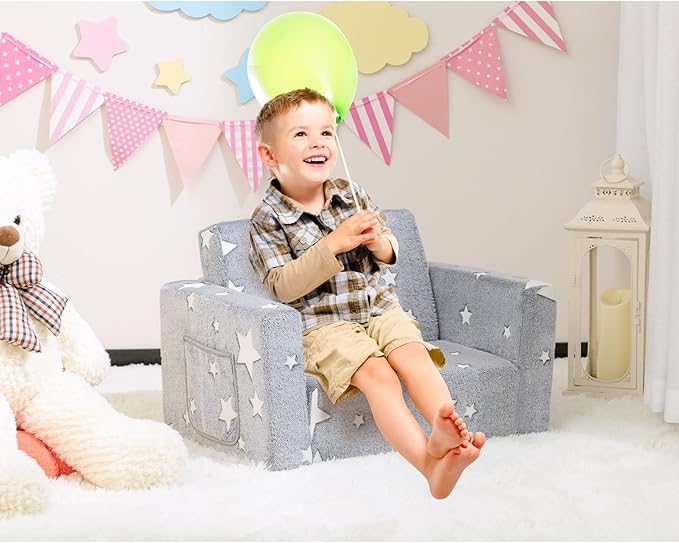 ALIMORDEN 2-in-1 Toddler Fold Out Couch, Comfy Convertible Sofa to Lounger, Glow-in-The-Dark Star Pattern Foam Seat for Little Ones with Removable Washable Cover-NeatNest