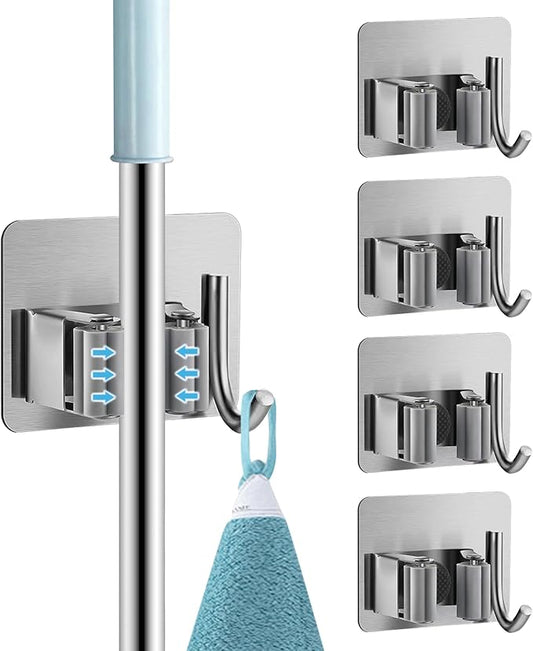Broom Holder Wall Mount, Mop and Broom Holder Wall Mount with Hooks, Stainless Steel Broom Holders 4Pcs-NeatNest