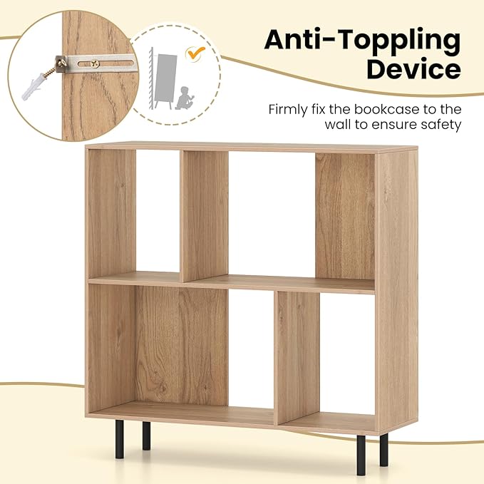 4 Cube Bookcase, Wood Storage Organizer with 4 Metal Legs, Bookshelf with Storage, Cubical Storage Shelf, Wooden Book Shelf, Display Shelves for Bedroom, Living Room, Entryway