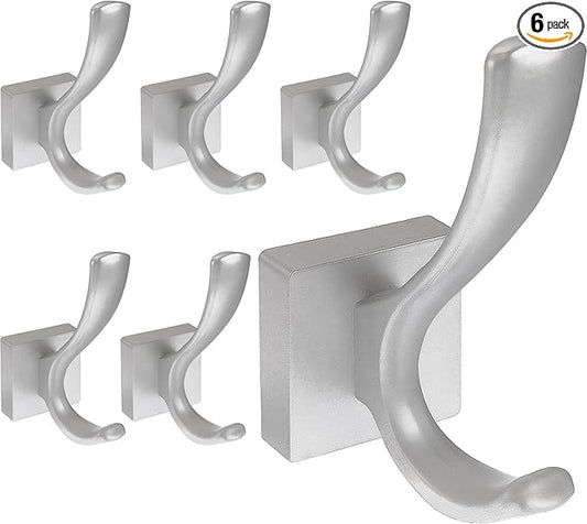 6 Pack Towel Holder for Bathroom - Wall Mounted Shower Towel Rack with Robe Hooks, Heavy Duty Coat Hooks for Hanging Key, Robe, Hat, Backpack (Silver)