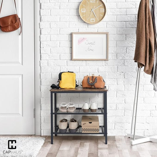 CAPHAUS 3-Tier Shoe Rack for Entryway, Mudroom Shoe Bench, Small Shoe Rack, Metal Shoe Shelf with Wood Board, Industrial Shoe Storage Table for Hallway, Living Room, Bedroom, Closet, Rustic Oak-NeatNest