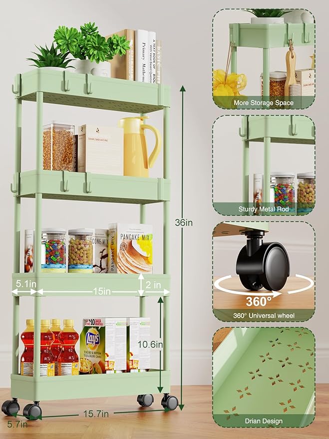 LEHOM 5.1" Slim Storage Cart - 4 Tiers Bathroom Organizer Mobile Shelving Unit Storage Rolling Utility Cart Slide Out Organizer for Kitchen Bathroom Laundry Narrow Places, Green