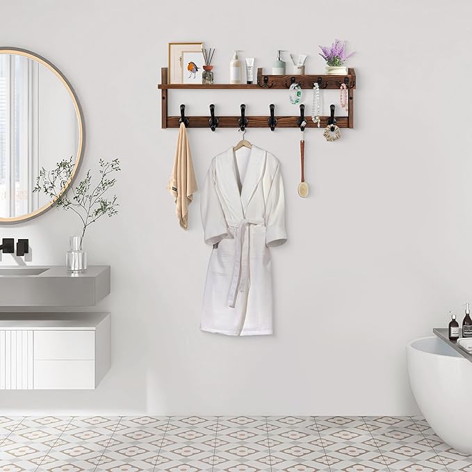 Coat Rack Wall Mount with Shelf, 27.5" Entryway Wall Hanging Shelf, Coat and Key Hanger with 10 Dual Hooks, Mail Organizer and Key Holder Hat Rack for Wall, Wood Coat Hooks with Storage-NeatNest