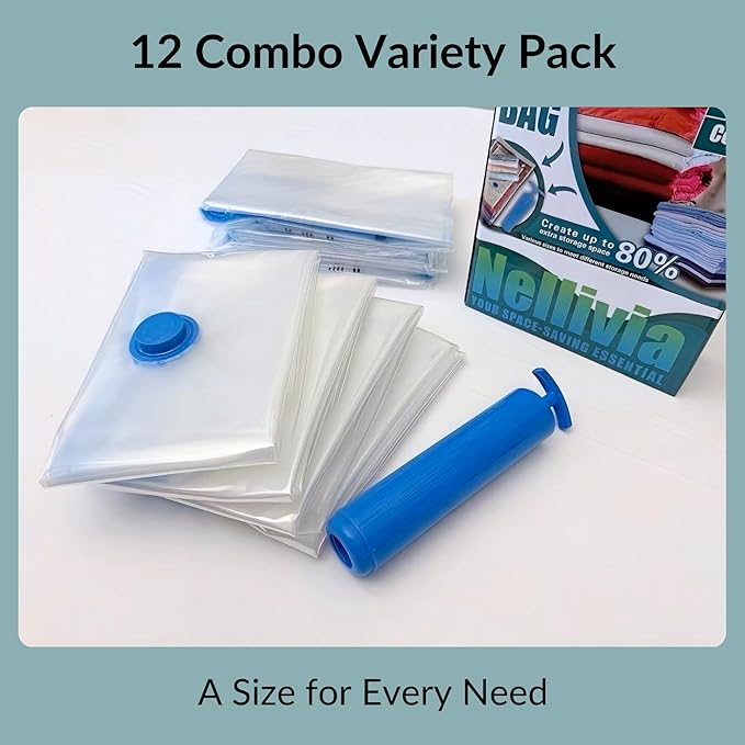 12 Pack Vacuum Storage Bags with Hand Pump, Compression Space Saver for Comforter, Bedding, Blanket Storage, Vacuum Seal Bags for Clothing, Luggage Suitcase and Closet Organizer-NeatNest