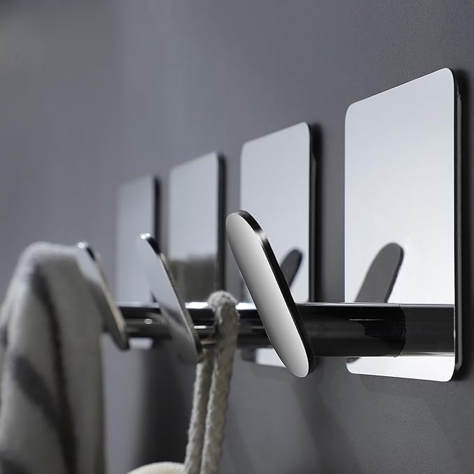 DELITON Towel Hooks for Bathrooms - 4 Pack Wall Hooks for Hanging Heavy Duty Adhesive Command Hooks for Coat Robe, Waterproof Shower Hooks Stainless Steel Mirror, Silver-NeatNest